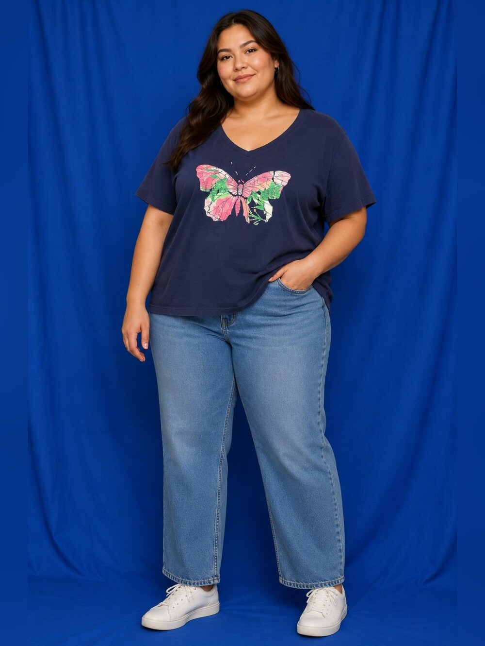 Kim Rogers Perfectly Soft Navy Tee with Butterfly Size XL
